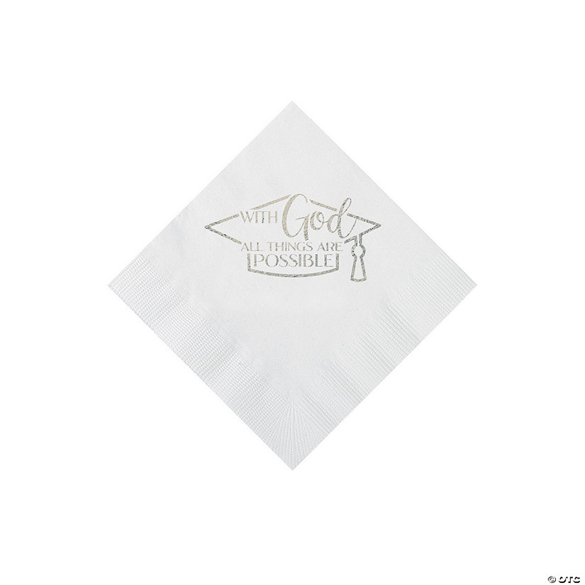 Bulk 50 Pc. Personalized Religious Graduation Party White Beverage Napkins with Silver Foil Image Thumbnail
