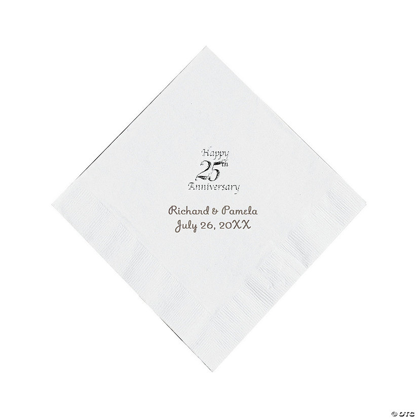 Bulk 50 Pc. Personalized Silver & White 25th Anniversary Luncheon Napkins Image Thumbnail