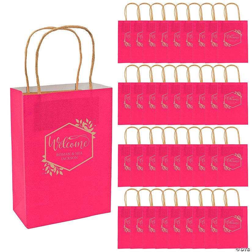 Bulk 72 Pc. Personalized Medium Hot Pink Welcome Kraft Paper Gift Bags Image Thumbnail