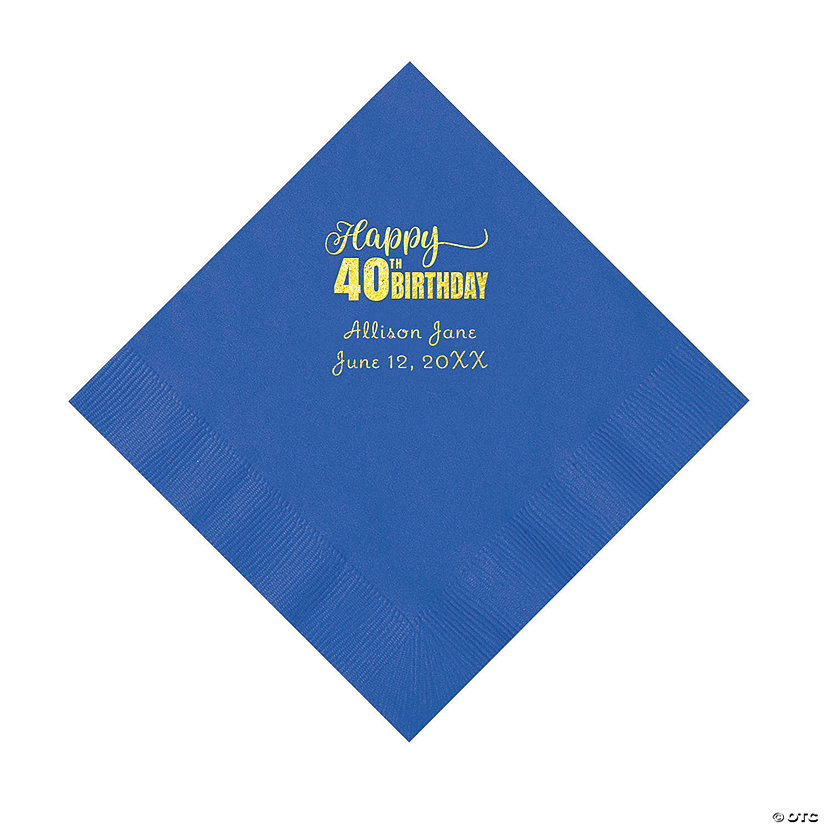 Cobalt Blue 40th Birthday Personalized Napkins with Gold Foil - 50 Pc. Luncheon Image Thumbnail