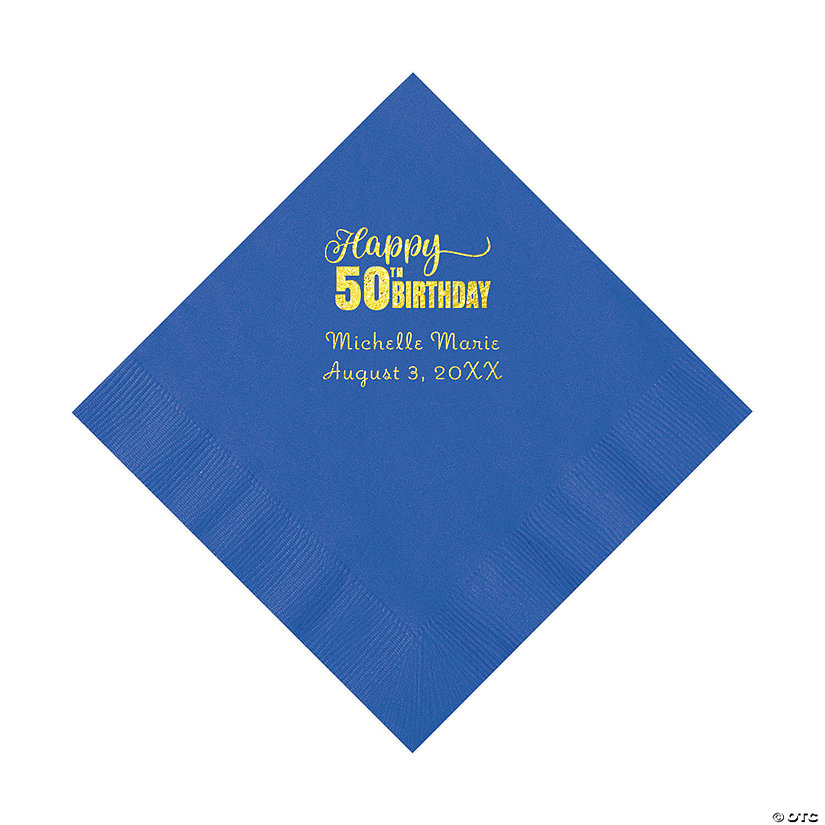 Cobalt Blue 50th Birthday Personalized Napkins with Gold Foil - 50 Pc. Luncheon Image