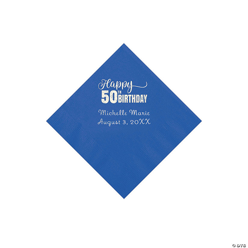 Cobalt Blue 50th Birthday Personalized Napkins with Silver Foil - 50 Pc. Beverage Image