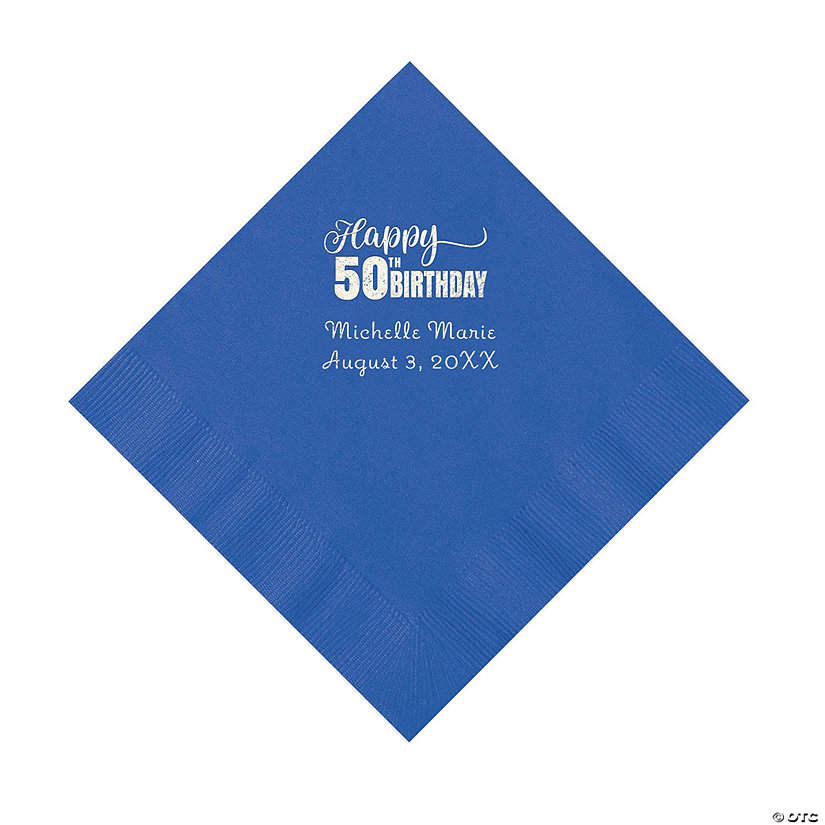 Cobalt Blue 50th Birthday Personalized Napkins with Silver Foil - 50 Pc. Luncheon Image