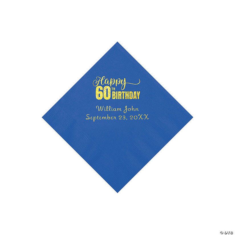 Cobalt Blue 60th Birthday Personalized Napkins with Gold Foil - 50 Pc. Beverage Image Thumbnail