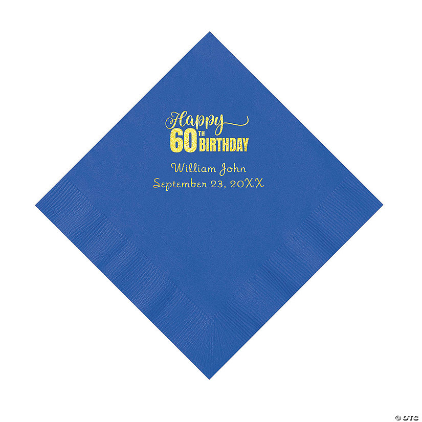 Cobalt Blue 60th Birthday Personalized Napkins with Gold Foil - 50 Pc. Luncheon Image Thumbnail