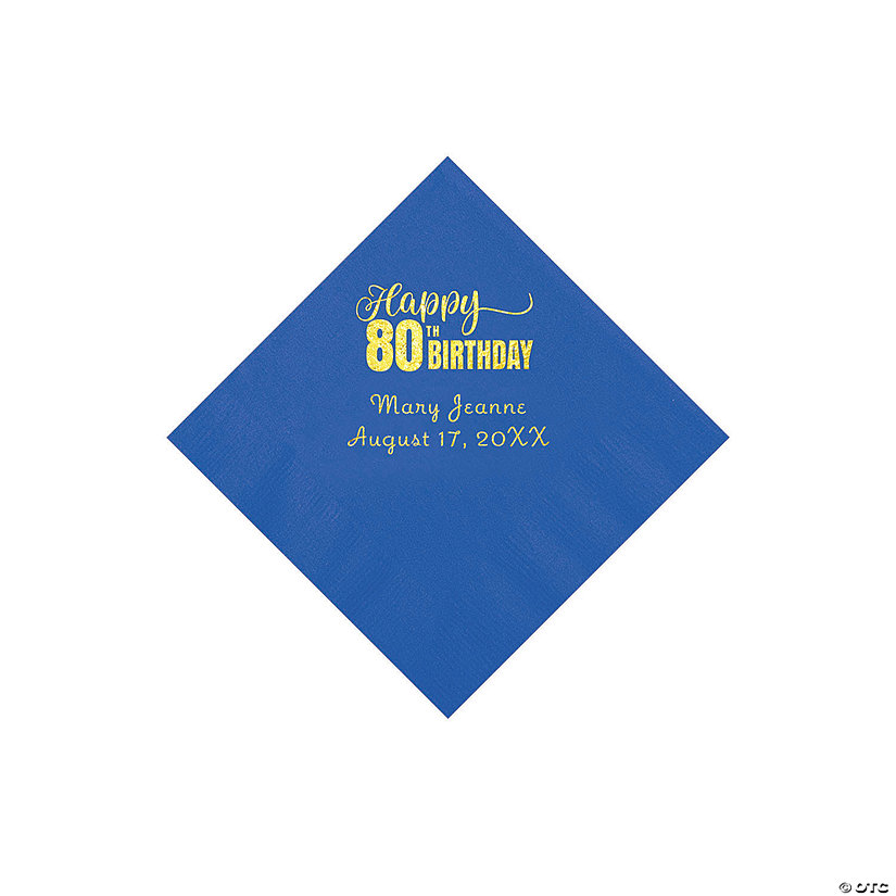 Cobalt Blue 80th Birthday Personalized Napkins with Gold Foil - 50 Pc. Beverage Image