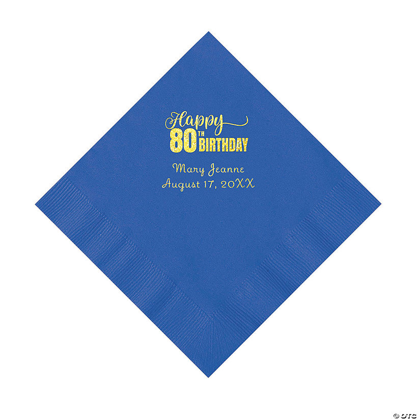 Cobalt Blue 80th Birthday Personalized Napkins with Gold Foil - 50 Pc. Luncheon Image