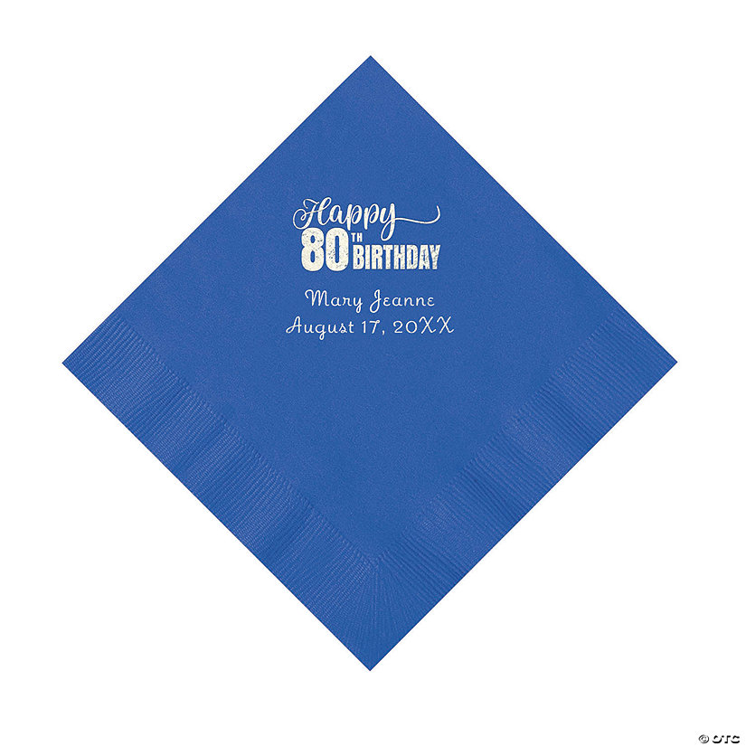 Cobalt Blue 80th Birthday Personalized Napkins with Silver Foil - 50 Pc. Luncheon Image Thumbnail
