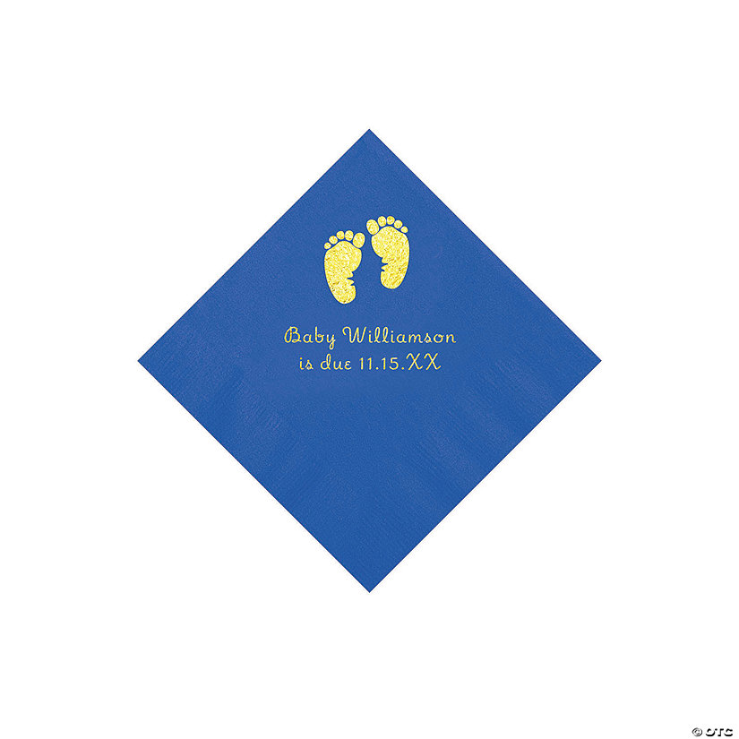 Cobalt Blue Baby Feet Personalized Napkins with Gold Foil - 50 Pc. Beverage Image