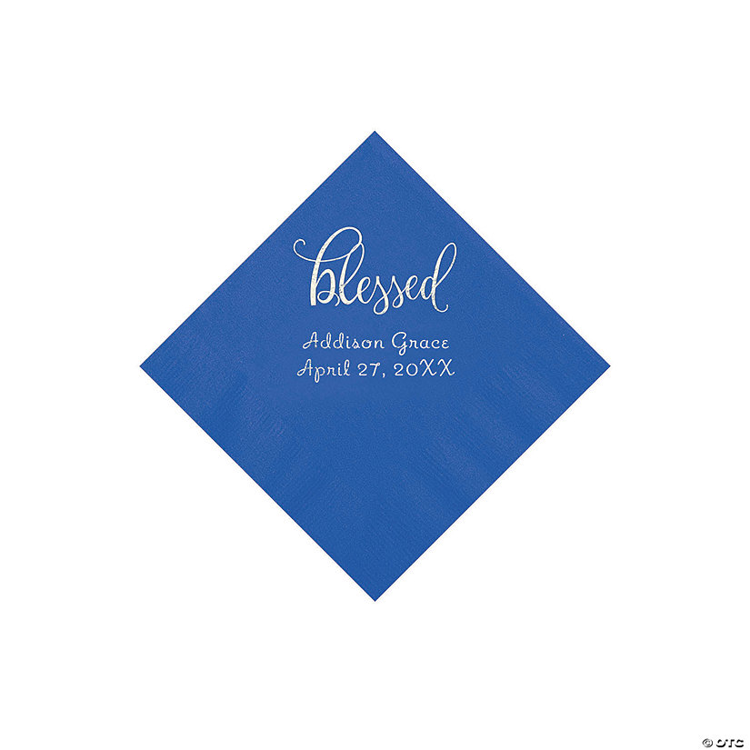 Cobalt Blue Blessed Personalized Napkins with Silver Foil - 50 Pc. Beverage Image