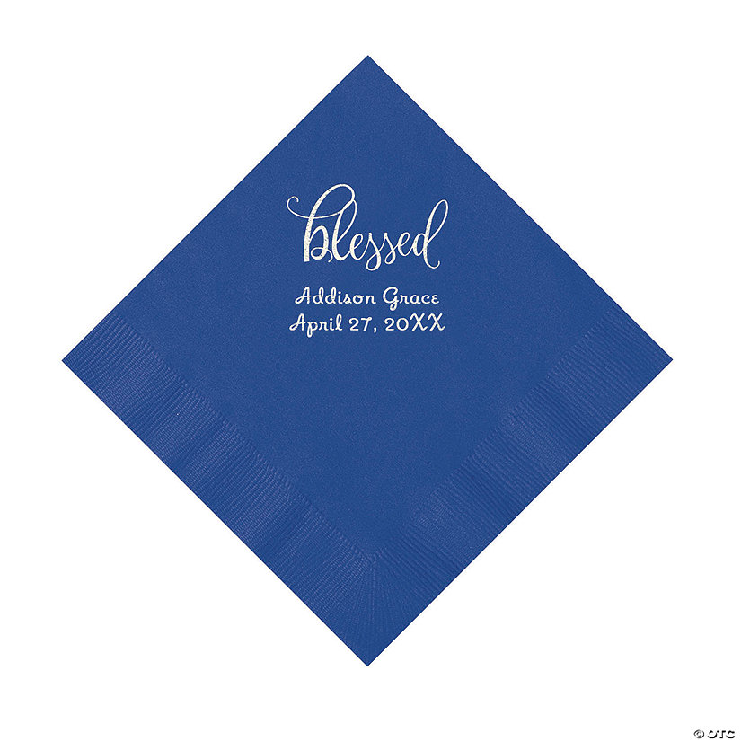 Cobalt Blue Blessed Personalized Napkins with Silver Foil - 50 Pc. Luncheon Image