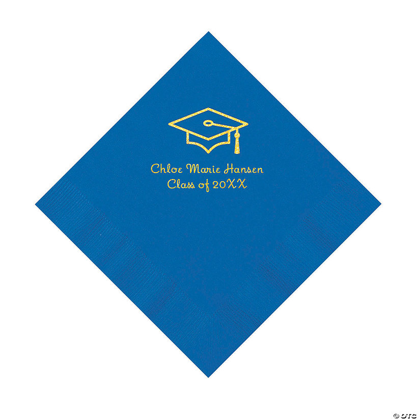 Cobalt Blue Grad Mortarboard Personalized Napkins with Gold Foil - 50 Pc. Luncheon Image