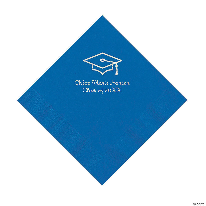 Cobalt Blue Grad Mortarboard Personalized Napkins with Silver Foil - 50 Pc. Luncheon Image
