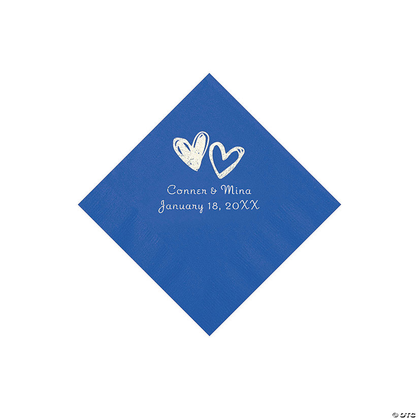 Cobalt Blue Hearts Personalized Napkins with Silver Foil - Beverage Image Thumbnail