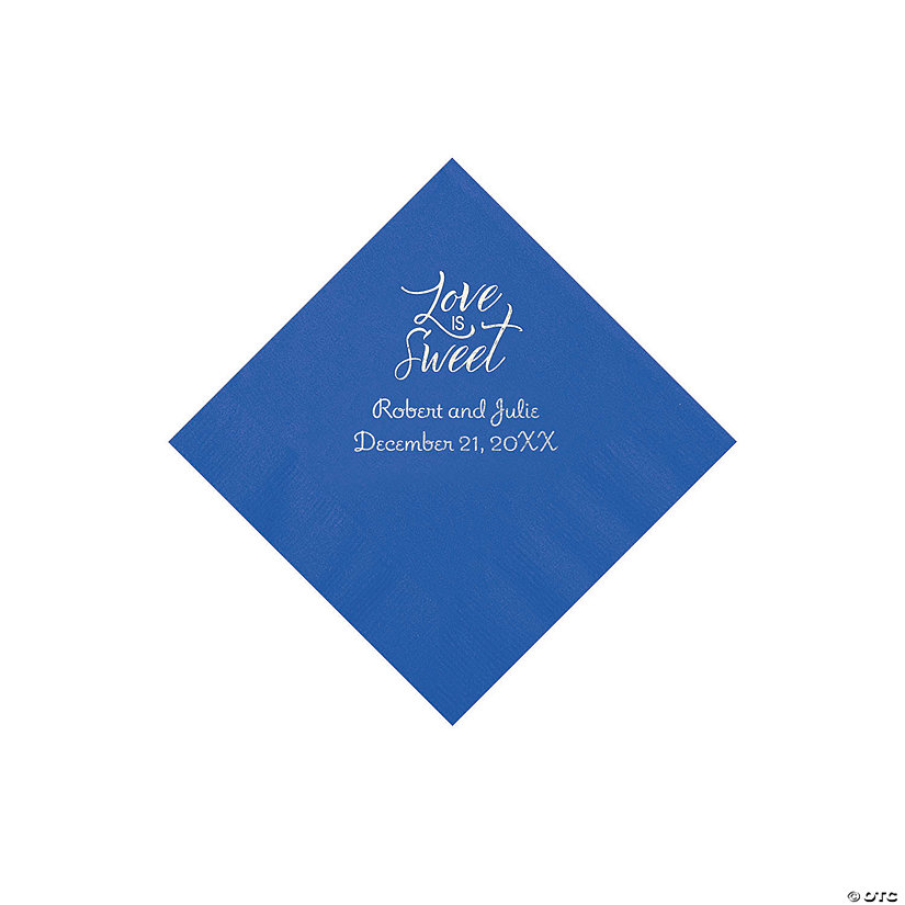 Cobalt Blue Love Is Sweet Personalized Napkins with Silver Foil - Beverage Image Thumbnail
