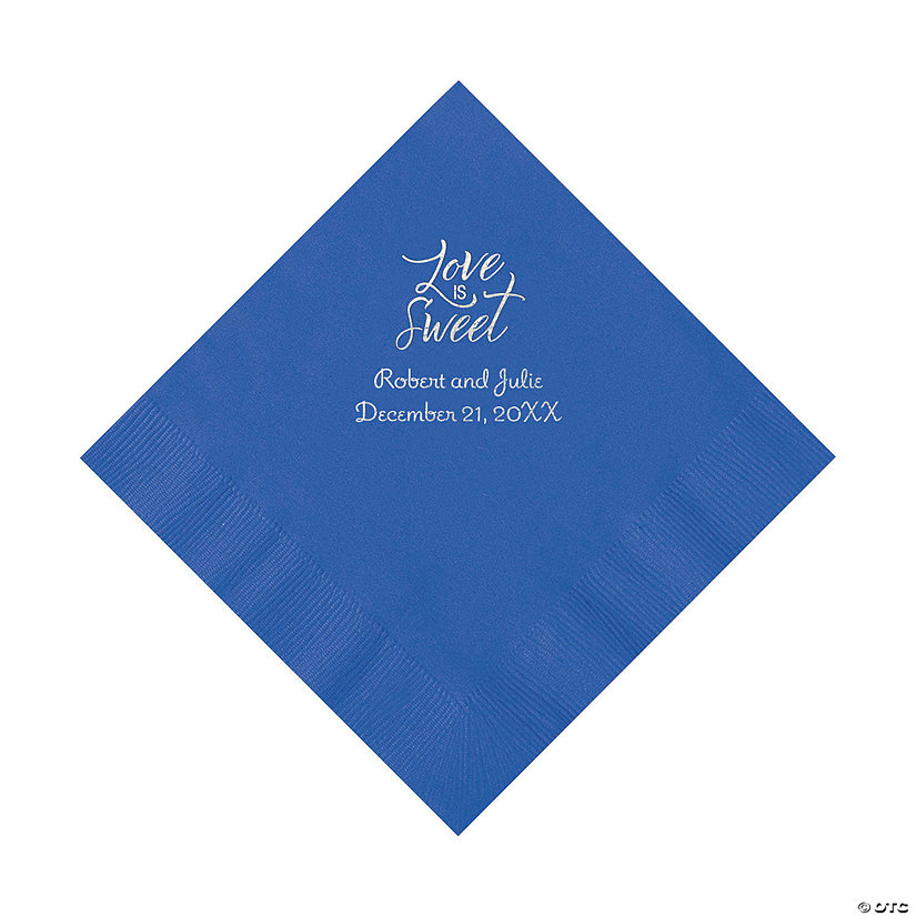 Cobalt Blue Love Is Sweet Personalized Napkins with Silver Foil &#8211; Luncheon Image Thumbnail
