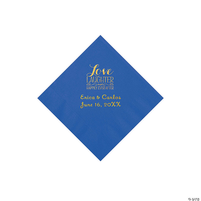 Cobalt Blue Love Laughter & Happily Ever After Personalized Napkins with Gold Foil - Beverage Image Thumbnail