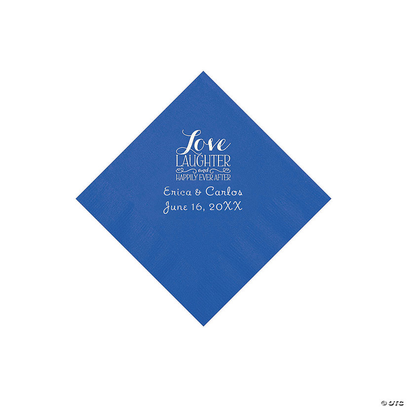 Cobalt Blue Love Laughter & Happily Ever After Personalized Napkins with Silver Foil - Beverage Image Thumbnail