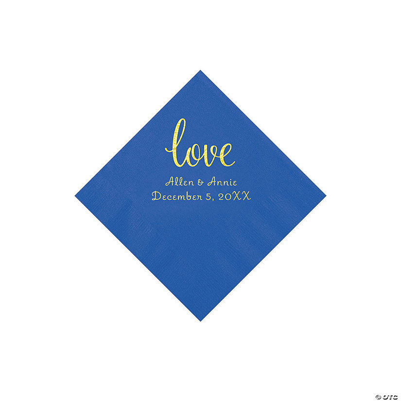 Cobalt Blue Love Script Personalized Napkins with Gold Foil - Beverage Image Thumbnail