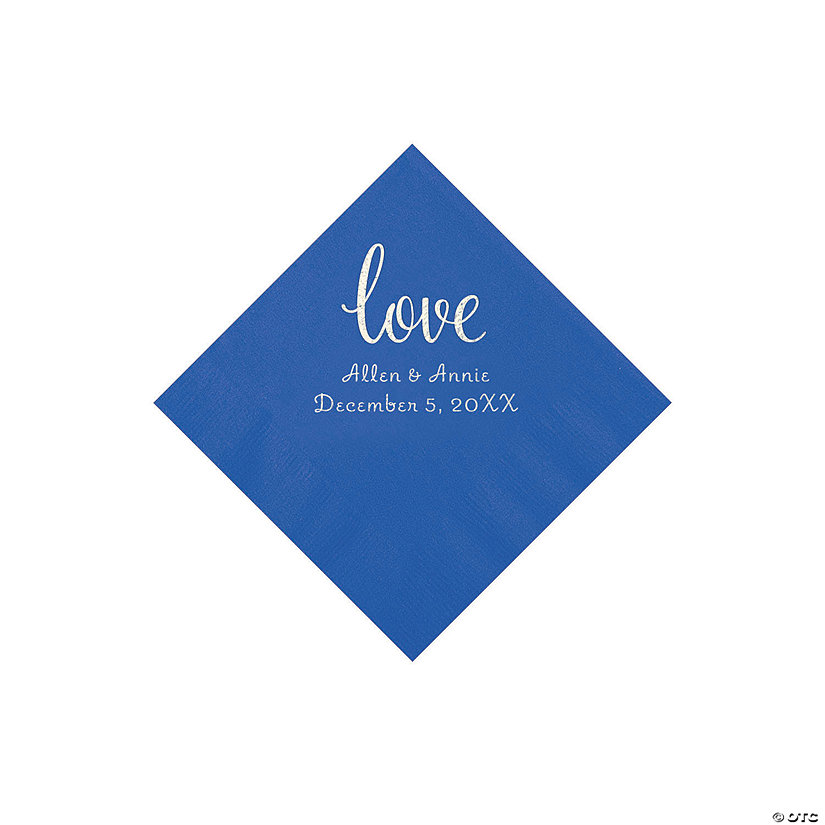 Cobalt Blue Love Script Personalized Napkins with Silver Foil - Beverage Image