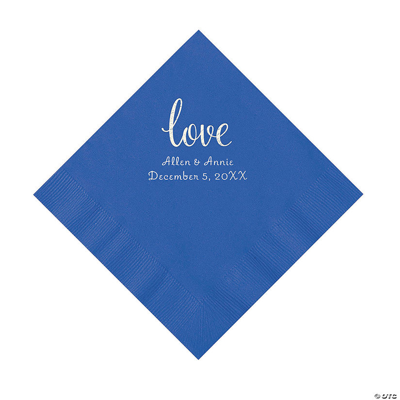 Cobalt Blue Love Script Personalized Napkins with Silver Foil - Luncheon Image Thumbnail