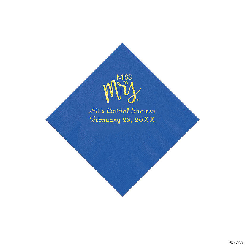 Cobalt Blue Miss to Mrs. Personalized Napkins with Gold Foil - Beverage Image Thumbnail