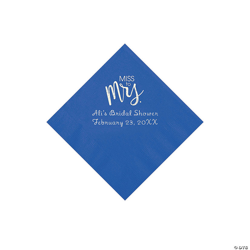 Cobalt Blue Miss to Mrs. Personalized Napkins with Silver Foil - Beverage Image Thumbnail