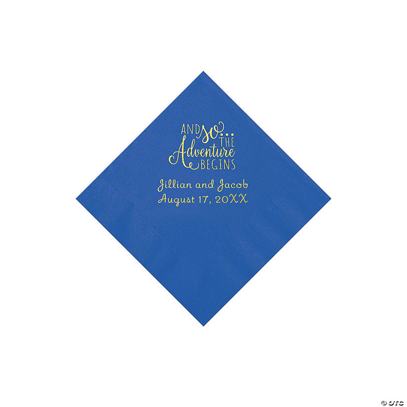 Cobalt Blue The Adventure Begins Personalized Napkins with Gold Foil - Beverage Image Thumbnail