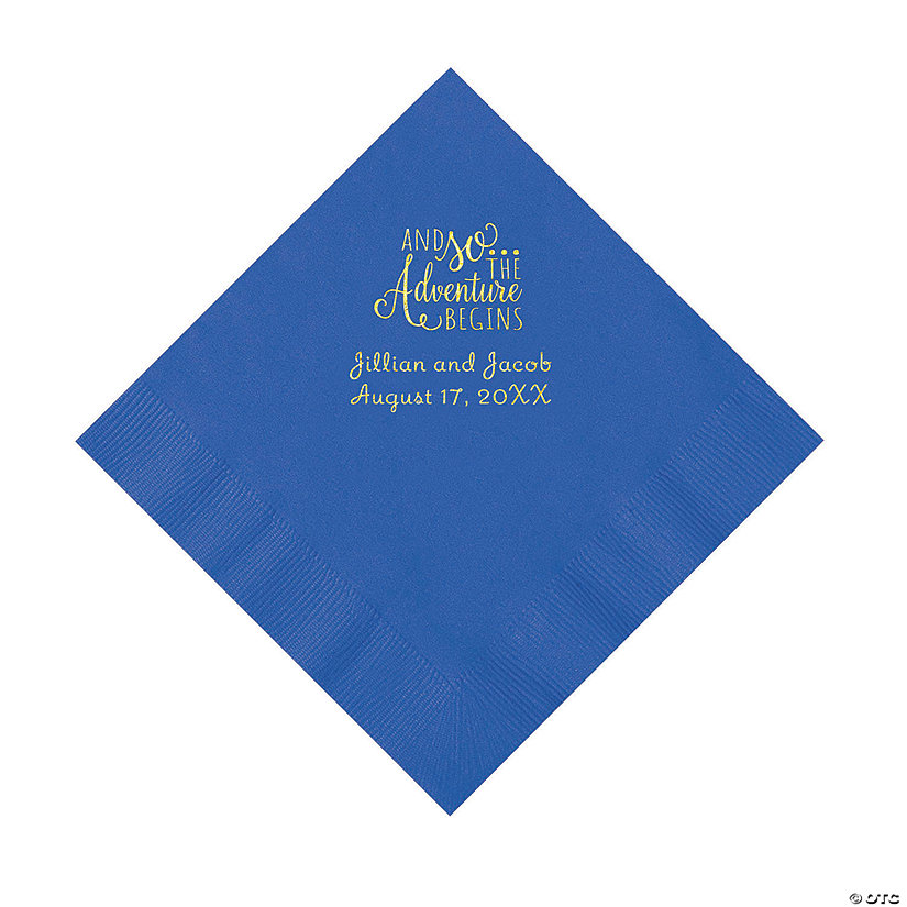 Cobalt Blue The Adventure Begins Personalized Napkins with Gold Foil - Luncheon Image Thumbnail