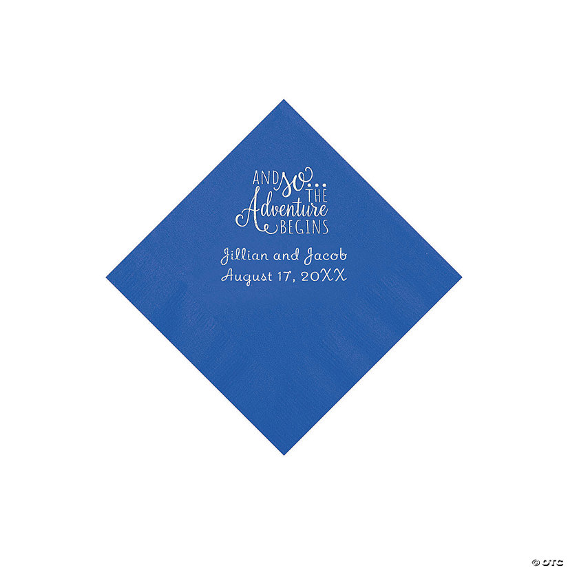 Cobalt Blue The Adventure Begins Personalized Napkins with Silver Foil - Beverage Image Thumbnail