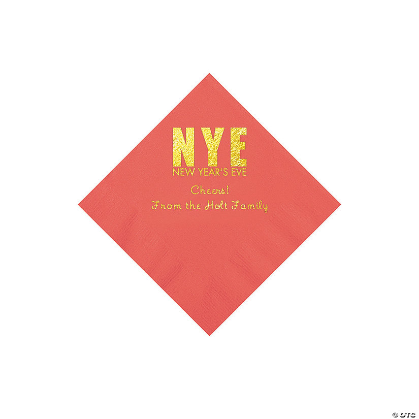 Coral New Year&#8217;s Eve Personalized Napkins with Gold Foil - Beverage Image Thumbnail