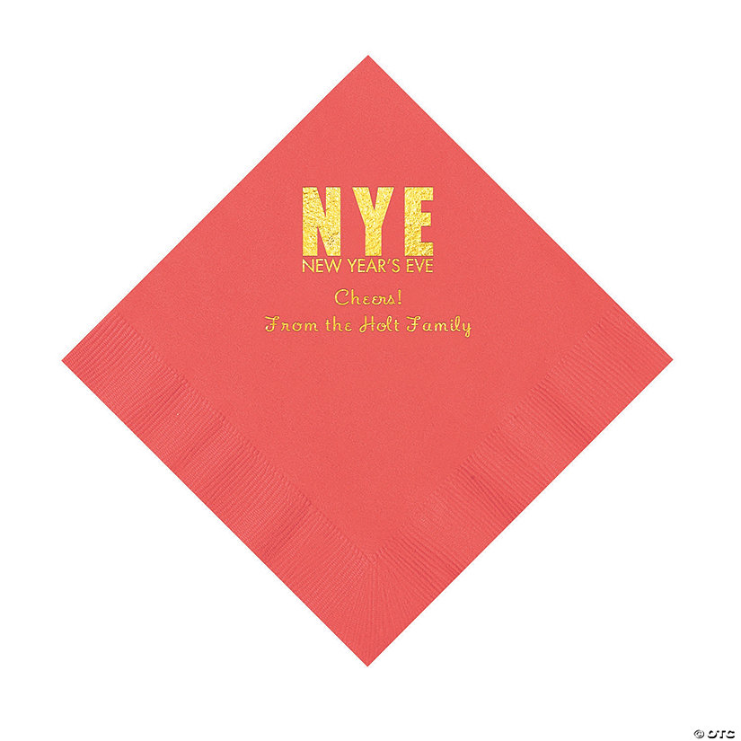 Coral New Year&#8217;s Eve Personalized Napkins with Gold Foil - Luncheon Image Thumbnail