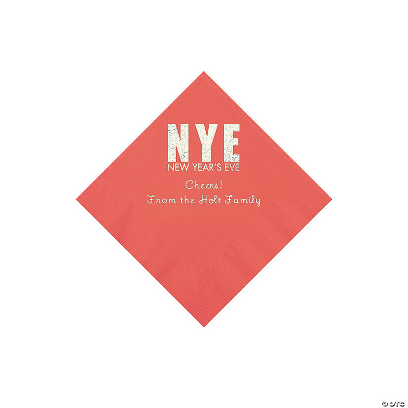 Coral New Year&#8217;s Eve Personalized Napkins with Silver Foil - Beverage Image Thumbnail
