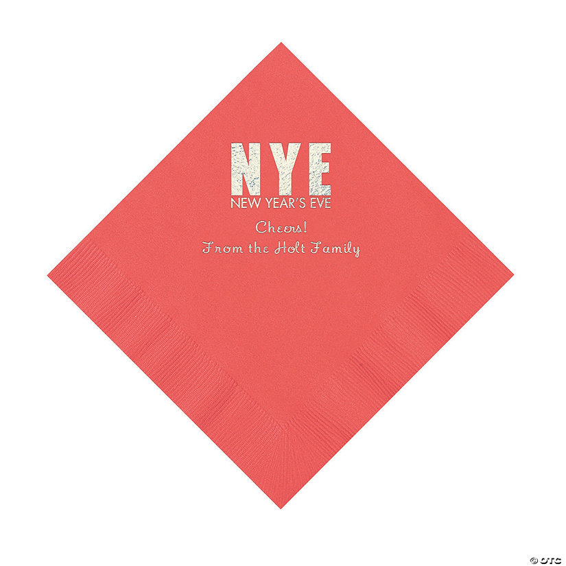 Coral New Year&#8217;s Eve Personalized Napkins with Silver Foil - Luncheon Image Thumbnail