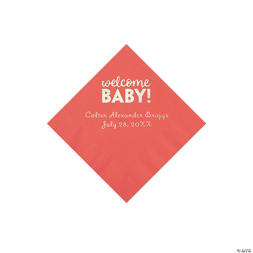 Coral Welcome Baby Personalized Napkins with Silver Foil &#8211; 50 Pc. Beverage Image Thumbnail