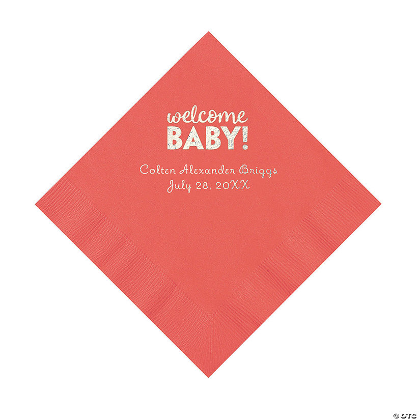 Coral Welcome Baby Personalized Napkins with Silver Foil &#8211; 50 Pc. Luncheon Image Thumbnail