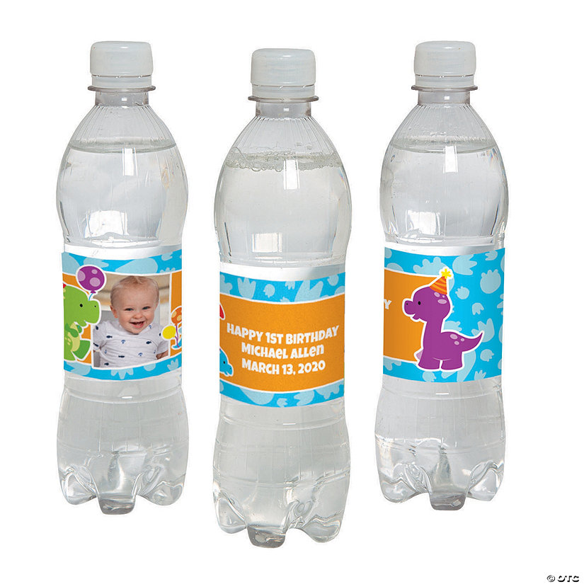 custom photo 1st birthday dinosaur water bottle labels