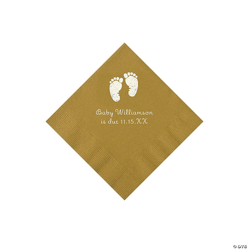 Gold Baby Feet Personalized Napkins with Silver Foil &#8211; 50 Pc. Beverage Image