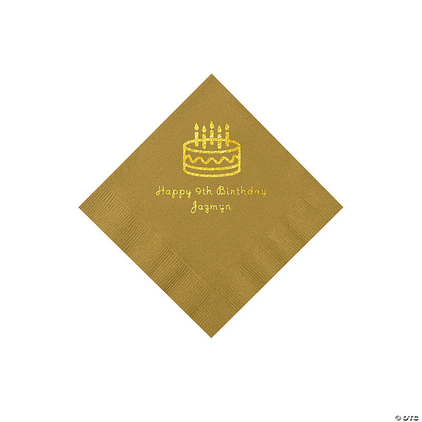 Gold Birthday Cake Personalized Napkins with Gold Foil &#8211; 50 Pc. Beverage Image