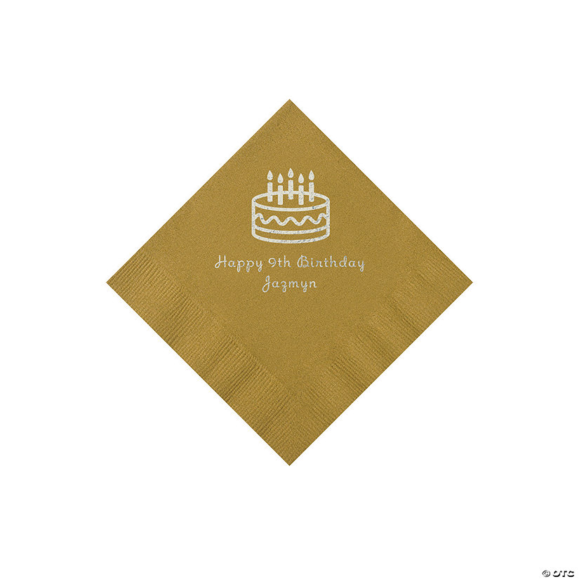 Gold Birthday Cake Personalized Napkins with Silver Foil &#8211; 50 Pc. Beverage Image