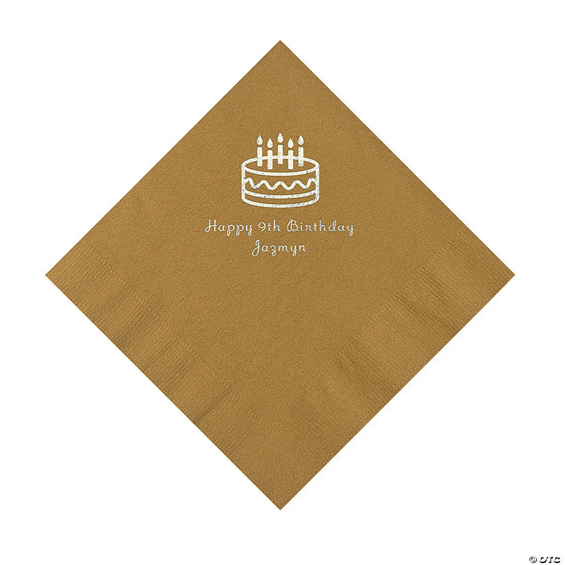 Gold Birthday Cake Personalized Napkins with Silver Foil &#8211; 50 Pc. Luncheon Image