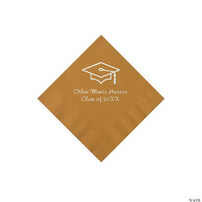 Gold Grad Mortarboard Personalized Napkins with Silver Foil &#8211; 50 Pc. Beverage Image Thumbnail