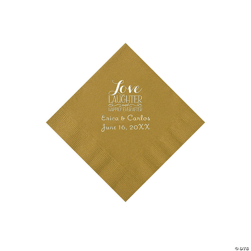 Gold Love Laughter & Happily Ever After Personalized Napkins with Silver Foil &#8211; Beverage Image Thumbnail
