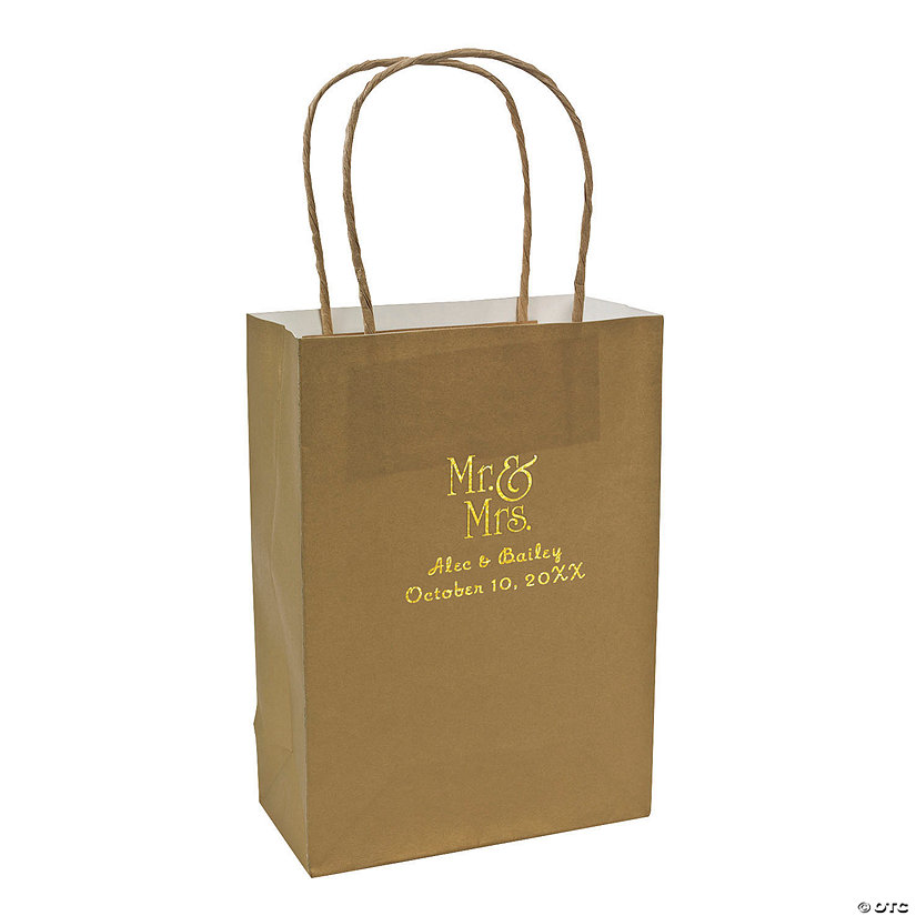 Gold Medium Mr. & Mrs. Personalized Kraft Paper Gift Bags with Gold Foil - 12 Pc. Image
