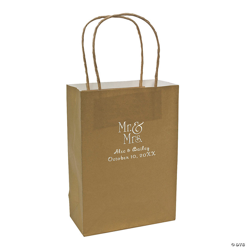 Gold Medium Mr. & Mrs. Personalized Kraft Paper Gift Bags with Silver Foil - 12 Pc. Image Thumbnail
