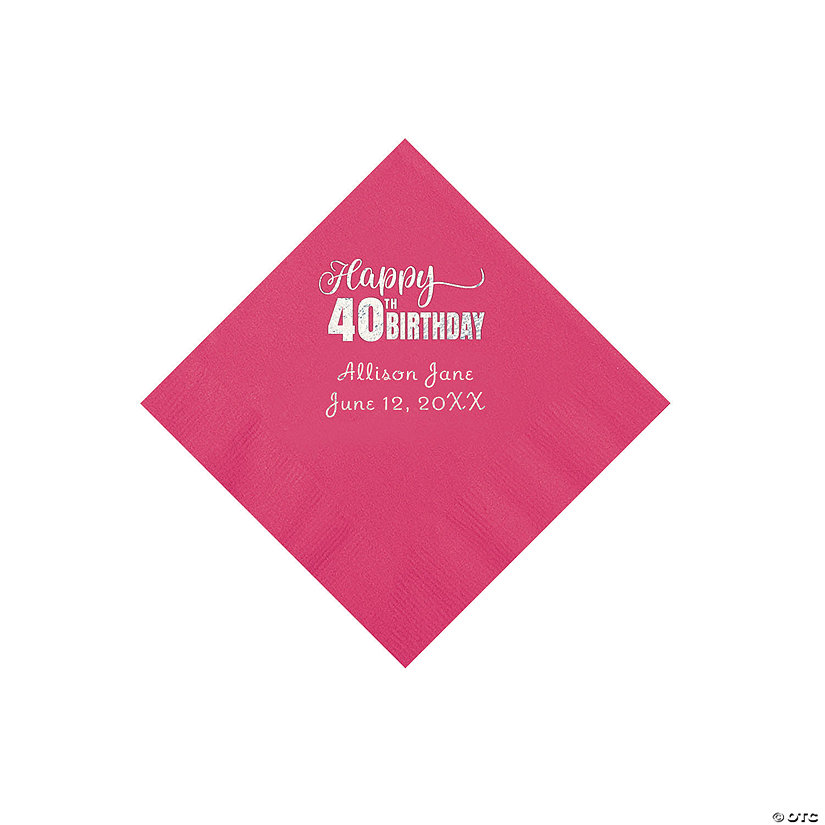 Hot Pink 40th Birthday Personalized Napkins with Silver Foil - 50 Pc. Beverage Image Thumbnail