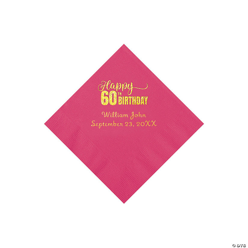 Hot Pink 60th Birthday Personalized Napkins with Gold Foil - 50 Pc. Beverage Image Thumbnail