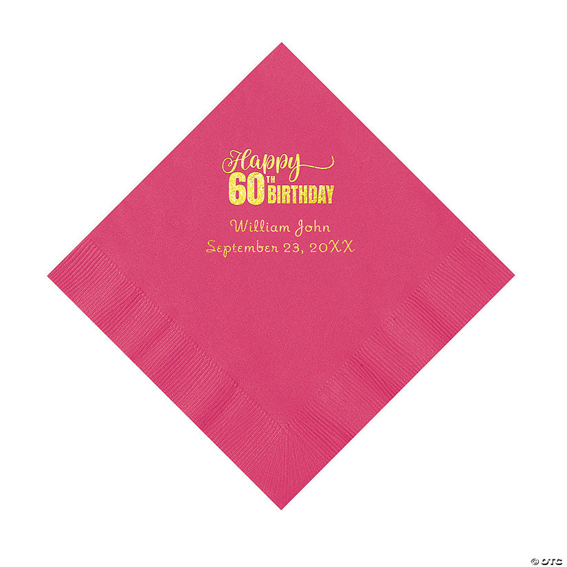 Hot Pink 60th Birthday Personalized Napkins with Gold Foil - 50 Pc. Luncheon Image