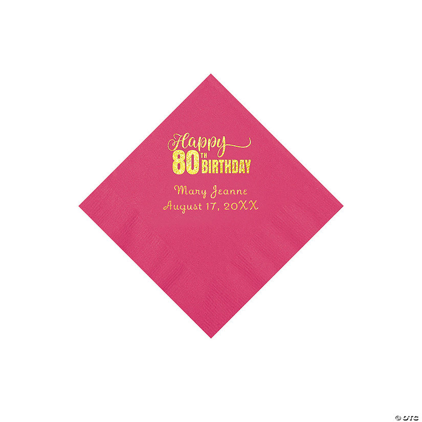 Hot Pink 80th Birthday Personalized Napkins with Gold Foil - 50 Pc. Beverage Image Thumbnail