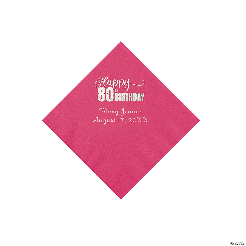 Hot Pink 80th Birthday Personalized Napkins with Silver Foil - 50 Pc. Beverage Image Thumbnail